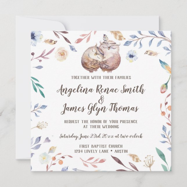 Invitación Boho Love Owls Wedding Invitation Floral (Anverso)