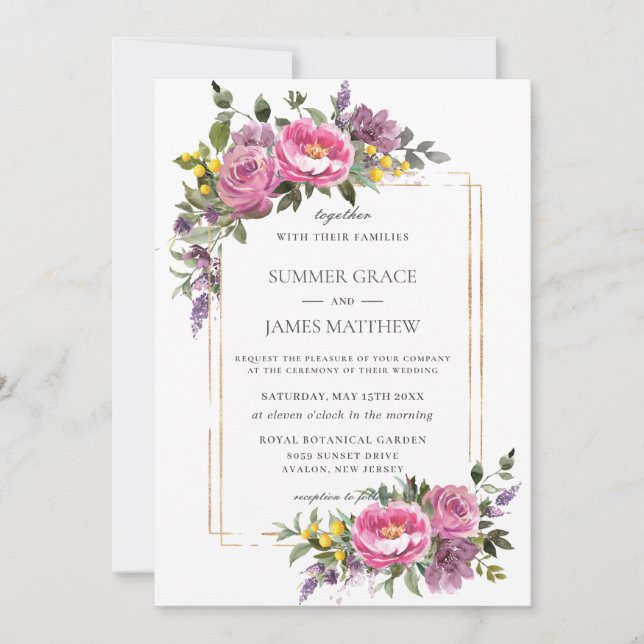 Invitación Boho Magenta Boda de verde morado rosa morado (Anverso)