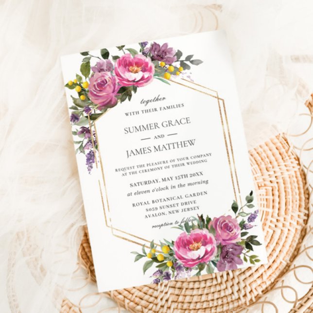 Invitación Boho Magenta Boda geométrico rosa morado amarillo  (Subido por el creador)