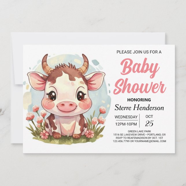 Invitación Boho Magic Watercolor Cow Baby Shower (Anverso)