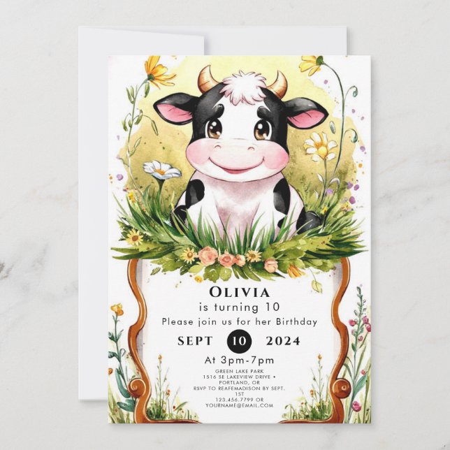Invitación Boho Magical Cow Cumpleaños (Anverso)