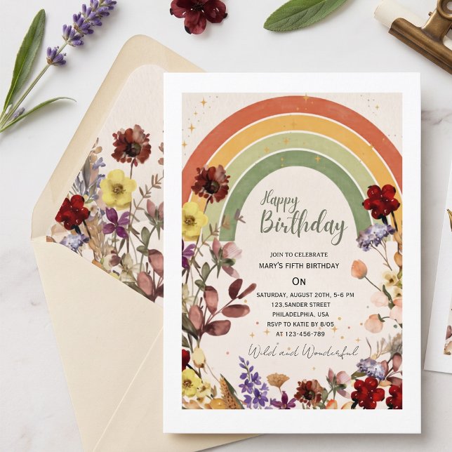 Invitación Boho maravillosa  flor silvestre arcoíris cumpleañ (Subido por el creador)