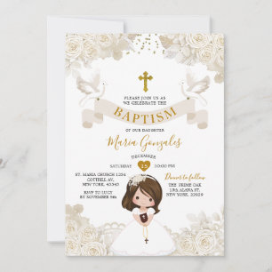 Invitación Boho Marfil Blanco Floral Niña Bautizo