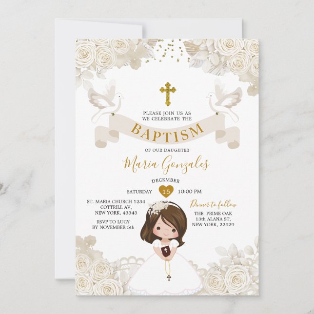Invitación Boho Marfil Blanco Floral Niña Bautizo (Anverso)