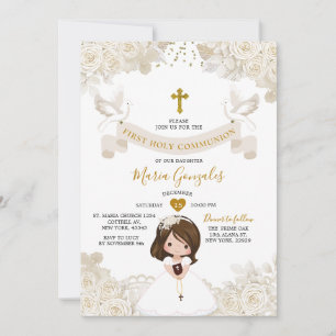 Invitación Boho Marfil Blanco Floral Niña Primera Comunión