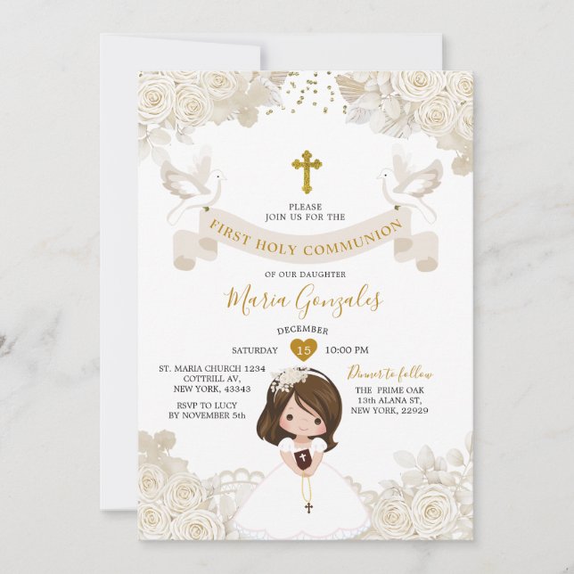 Invitación Boho Marfil Blanco Floral Niña Primera Comunión (Anverso)