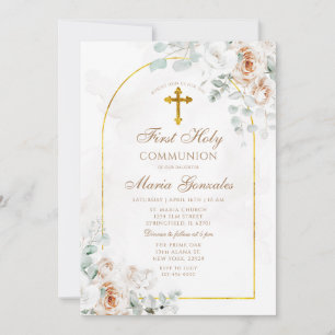 Invitación Boho Marfil Blanco Floral Oro Primera Comunión