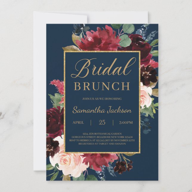 Invitación Boho marina rubia brunch de novia floral burgundy (Anverso)
