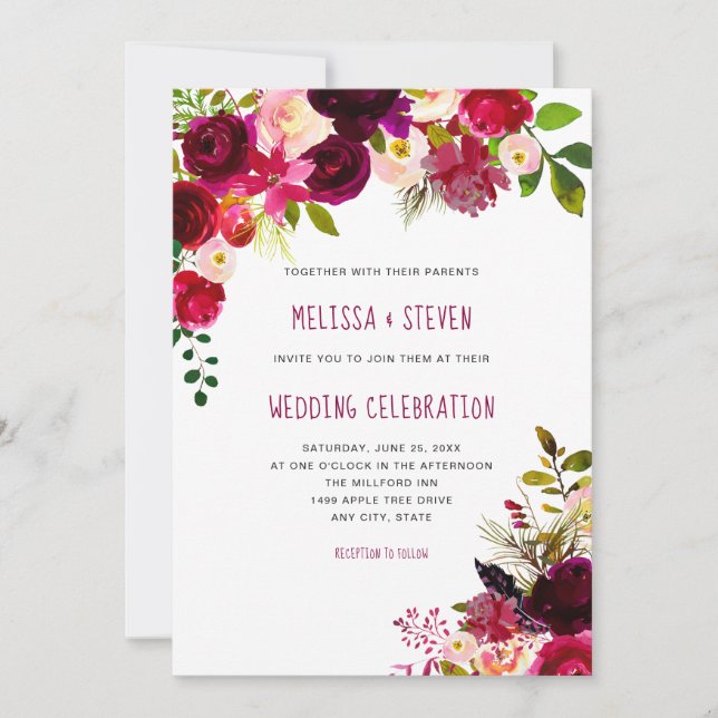 Invitación Boho maroon burgundy boda floral (Anverso)
