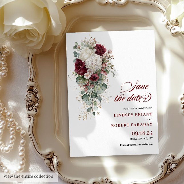 Invitación Boho maroon rosas de oro de la boda ahorra la tarj (Boho maroon gold roses wedding save the date card

)