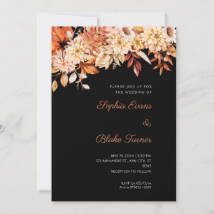 Invitación Boho Marrón Naranja Floral Invierno Negro Boda