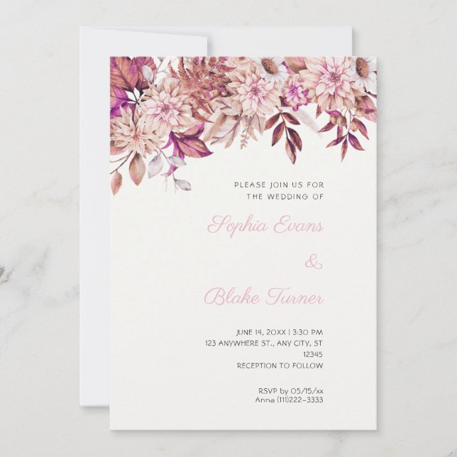 Invitación Boho Marrón Rosa Floral Invierno Blanco Boda (Anverso)
