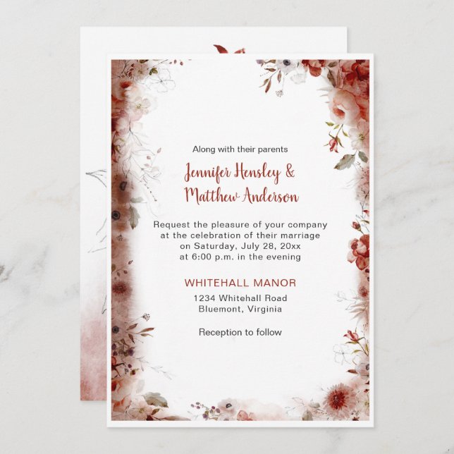Invitación Boho Marsala Burgundy Boda de acuarela floral (Anverso / Reverso)