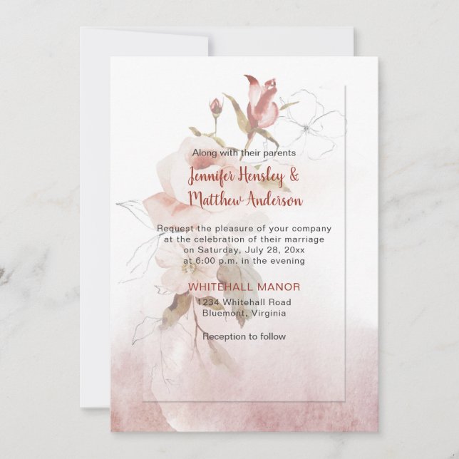 Invitación Boho Marsala Burgundy Boda de acuarela floral (Anverso)