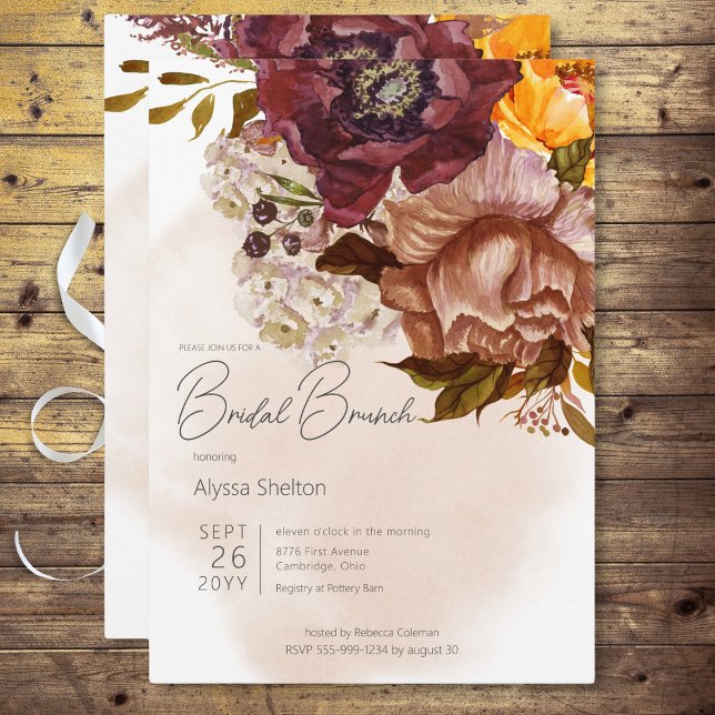 Invitación Boho Marsala Clay & Yellow Bouquet Bridal Brunch (Boho Marsala Clay & Yellow Bouquet Bridal Brunch Invitation)