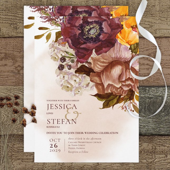 Invitación Boho Marsala Clay & Yellow Tan Bouquet Boda (Subido por el creador)