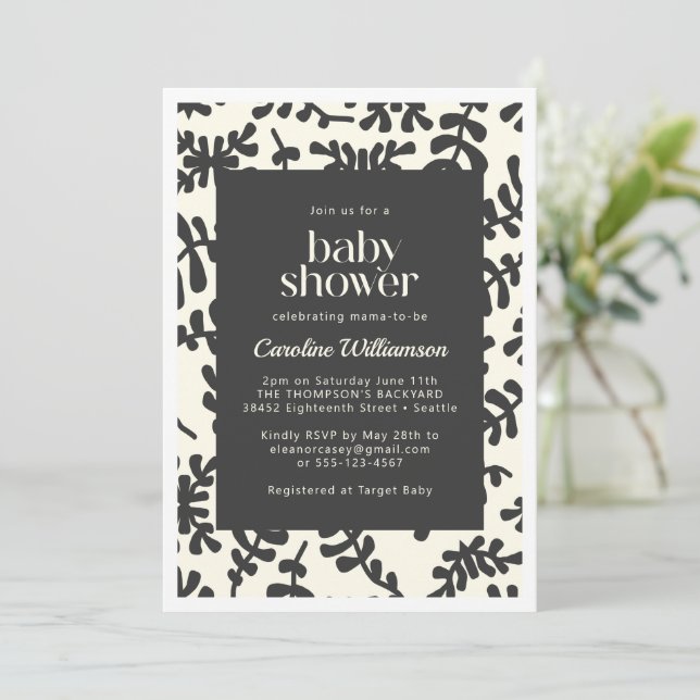 Invitación Boho Matisse Botanical Black White Baby Shower (Anverso de pie)