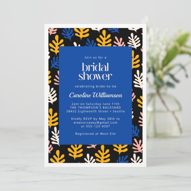Invitación Boho Matisse Botanical Blue Bridal Shower In (Anverso de pie)