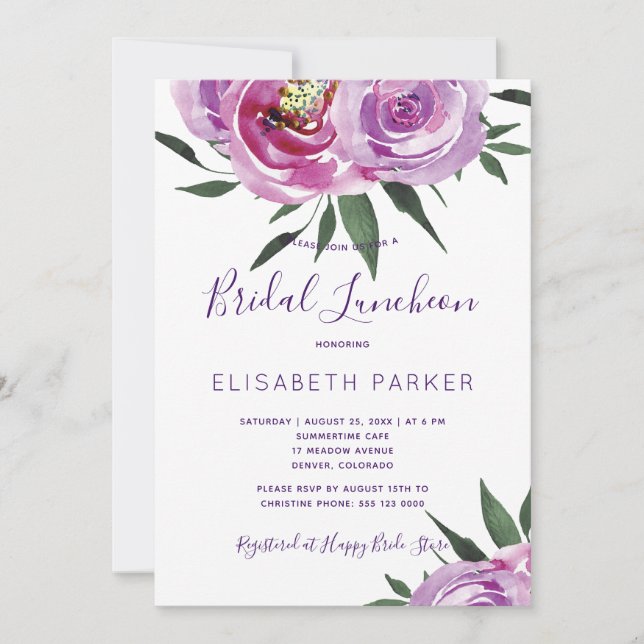Invitación Boho mauve peonies plon morado luncheon (Anverso)