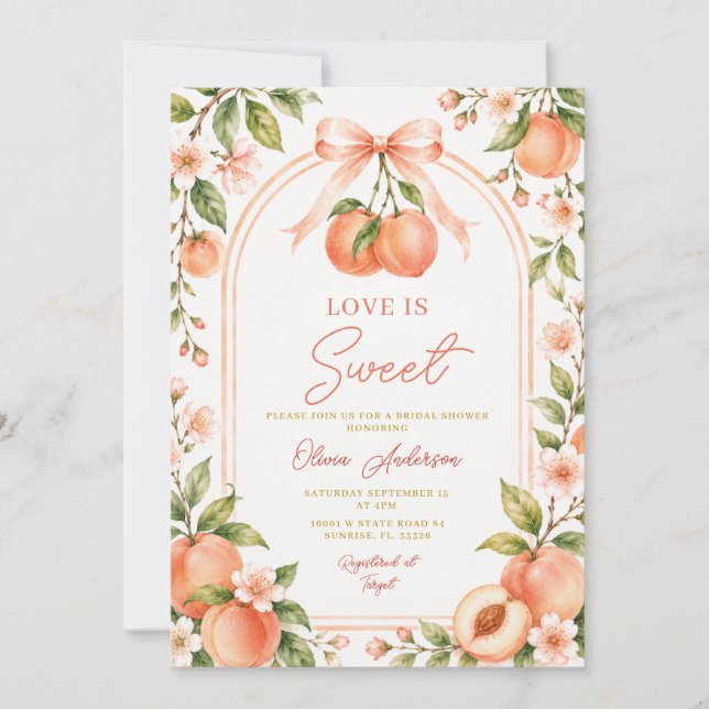 Invitación Boho Melocotón Lazo Amor es Dulce Despedida de Sol (Anverso)