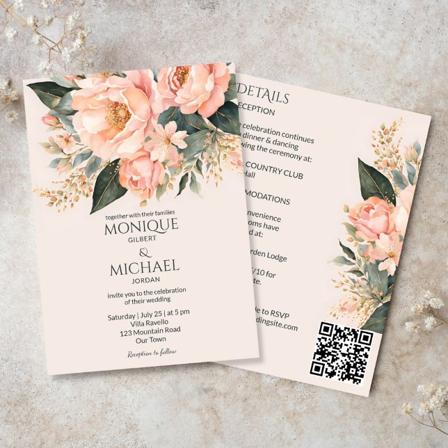 Invitación Boho melocotón terroso floral todo en un boda (Boho peach earthy floral all in one wedding invitation template digital download spring summer)