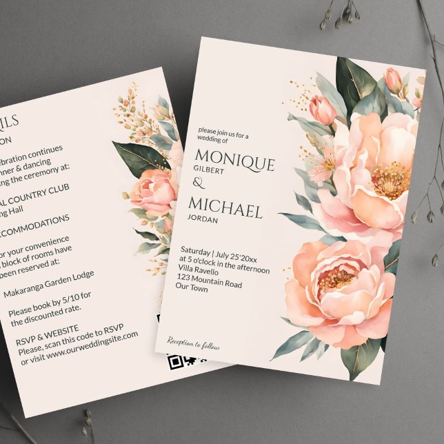 Invitación Boho melocotón terroso floral todo en un boda (Boho peach earthy floral all in one wedding invitation template digital download summer flowers)