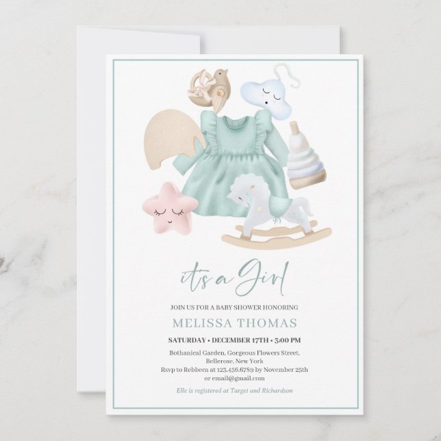 Invitación Boho menta chica vestido juguetes de madera arcoir (Anverso)
