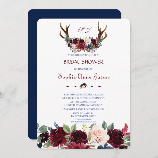 Invitación Boho Merlot Marina Blue Floral Antlers Bridal Show (Anverso / Reverso)