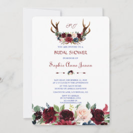 Invitación Boho Merlot Marina Blue Floral Antlers Bridal Show