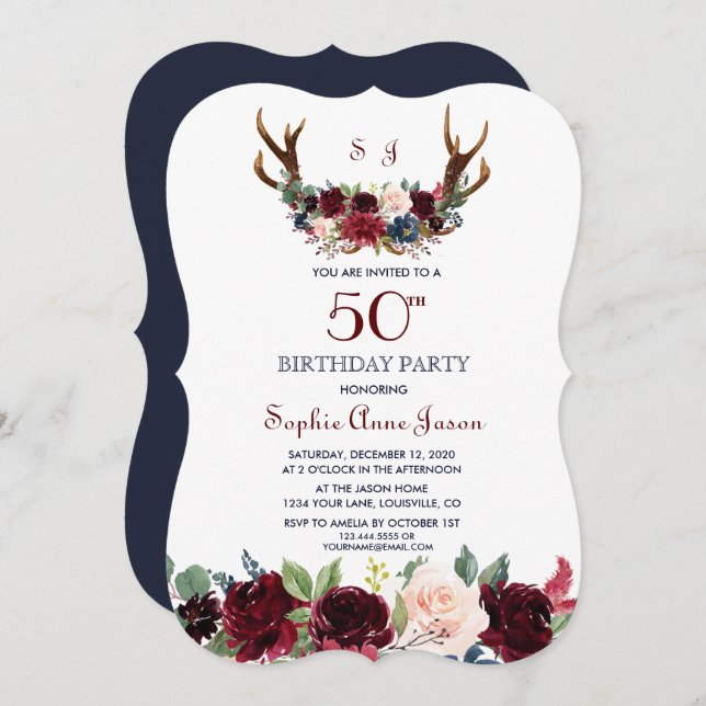 Invitación Boho Merlot Navy Blue Floral Antlers 50º cumpleaño (Anverso / Reverso)
