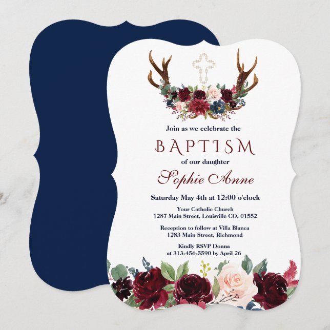 Invitación Boho Merlot Navy Blue Floral Antlers Bautismo (Anverso / Reverso)