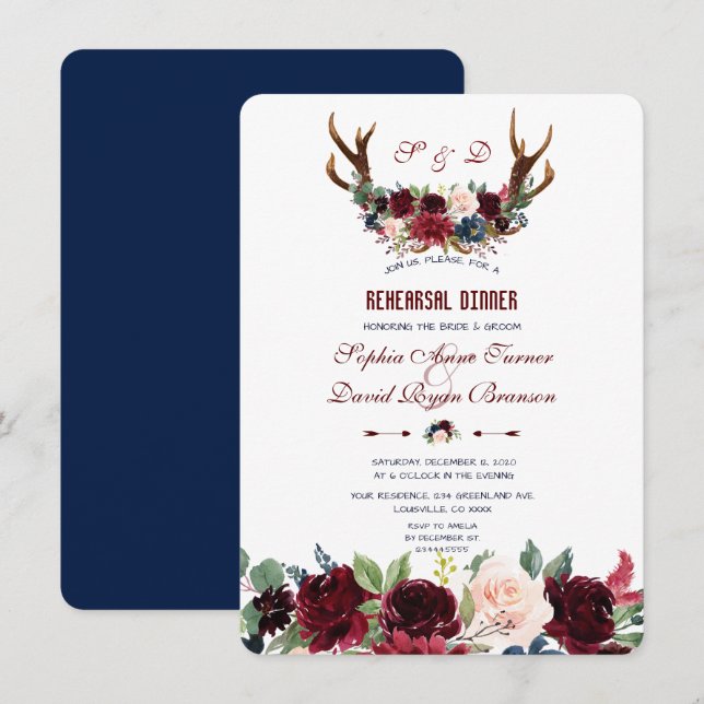 Invitación Boho Merlot Navy Floral Antlers Ensayos Cena (Anverso / Reverso)