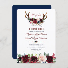 Invitación Boho Merlot Navy Floral Antlers Ensayos Cena