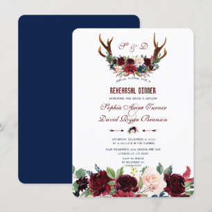Invitación Boho Merlot Navy Floral Antlers Ensayos Cena