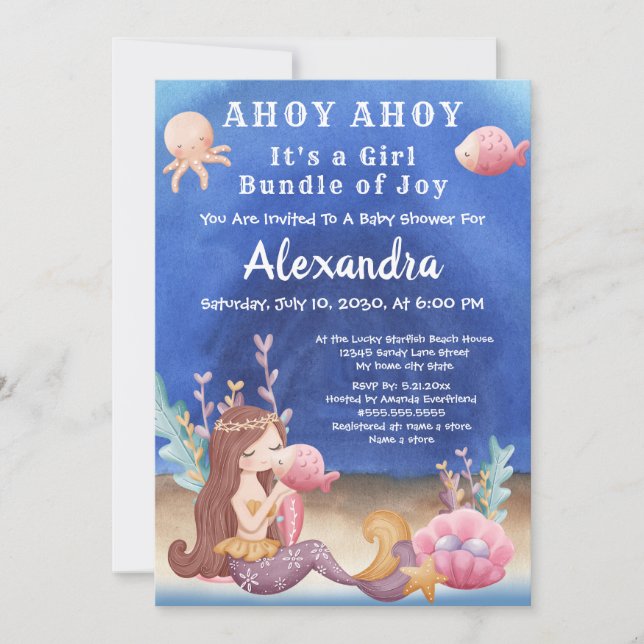 Invitación Boho Mermaid, Chica rosado de peces tropicales Bab (Anverso)
