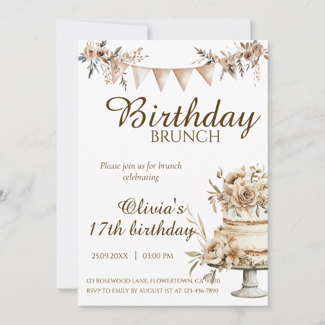 Invitación Boho minimalist birthday invitation, brunch invite (Anverso)