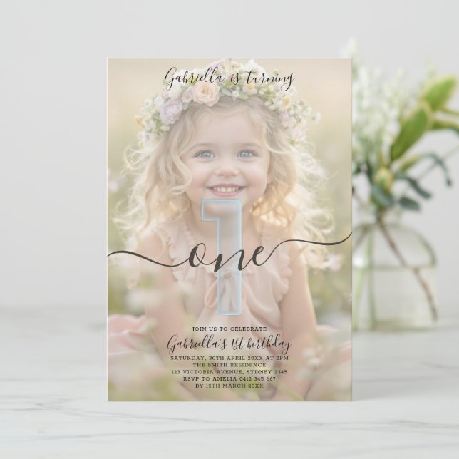 Invitación Boho Minimalist One Girl Photo 1st Birthday  (Anverso de pie)