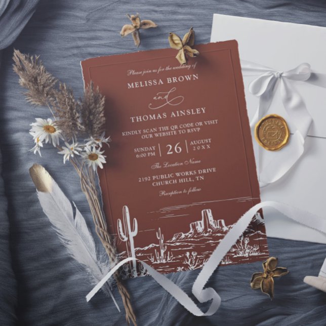 Invitación Boho Minimalist Terracotta Western QR Code Wedding (Subido por el creador)