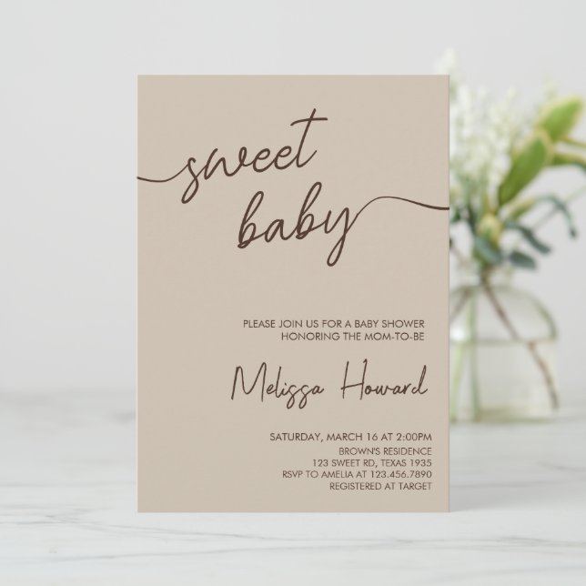 Invitación Boho Minimalista Sexo Neutral Brown Baby Shower (Anverso de pie)