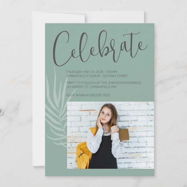 Invitación Boho Minimalista Verde Sabio Graduación (Anverso)