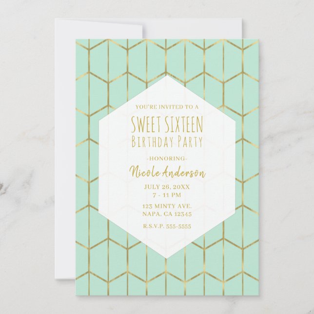 Invitación Boho Mint Green Hexagon Gold Geometric Sweet 16 In (Anverso)