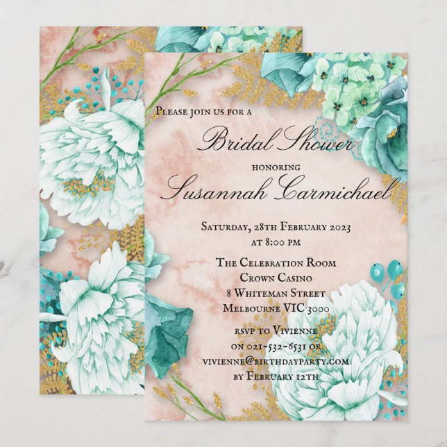 Invitación Boho Mint Green y Rubor Floral Bridal Shower Inv (Anverso / Reverso)