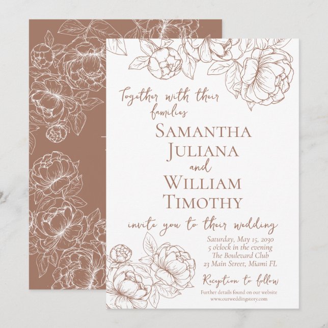 Invitación Boho Mocha Mousse Floral Elegante Boda moderno (Anverso / Reverso)