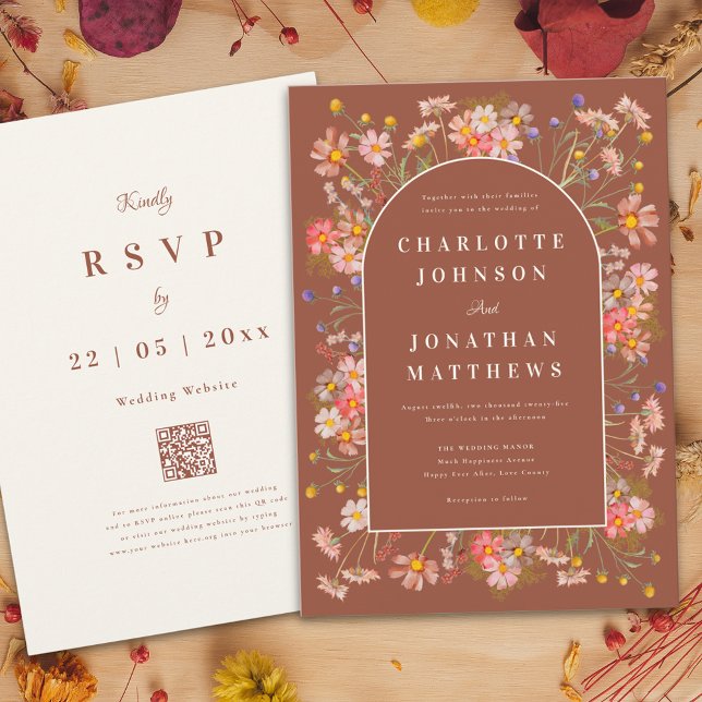 Invitación Boho Moda Arco de Flor Silvestre Terracotta Boda C (Boho chic wildflower arch terracotta burnt orange beige fall wedding invitation )
