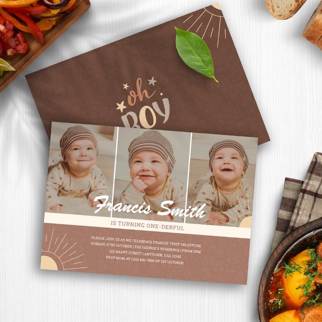 Invitación Boho Moda Baby Boy Maravillosa foto de primer cump (Cute Boho Chic Baby Boy Onederful 1st Birthday Invitation)