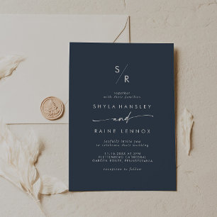 Invitación Boho Moda Boda de Monograma Azul de la Marina Oscu