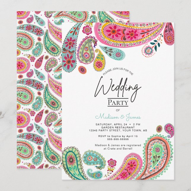 Invitación Boho Moda bohemia Boda paisley indio rosa (Anverso / Reverso)