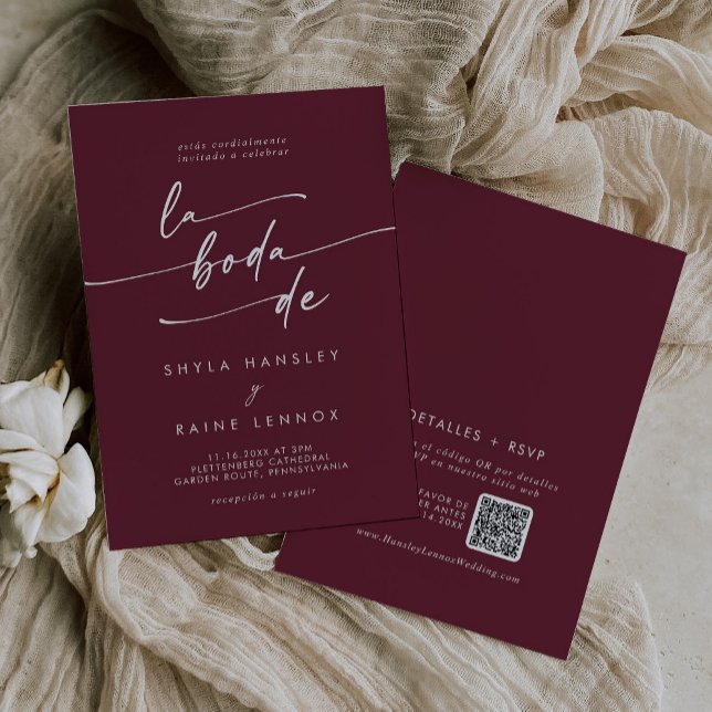 Invitación Boho Moda Borgoña Red QR Código español Boda (Subido por el creador)