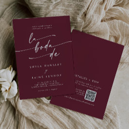 Invitación Boho Moda Borgoña Red QR Código español Boda