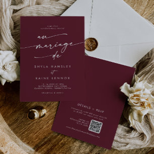 Invitación Boho Moda Borgoña Red QR Código francés Boda